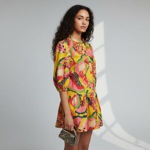 FARM Rio NWT Long-Sleeve Printed Mini Dress Yellow Motif